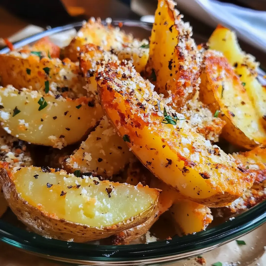 Golden-brown potato wedges topped with parmesan and garlic seasoning.