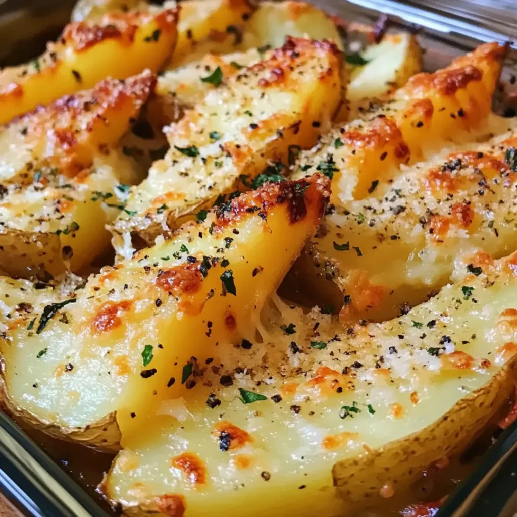 Oven-baked garlic parmesan potato wedges with herbs and cheese garnish.