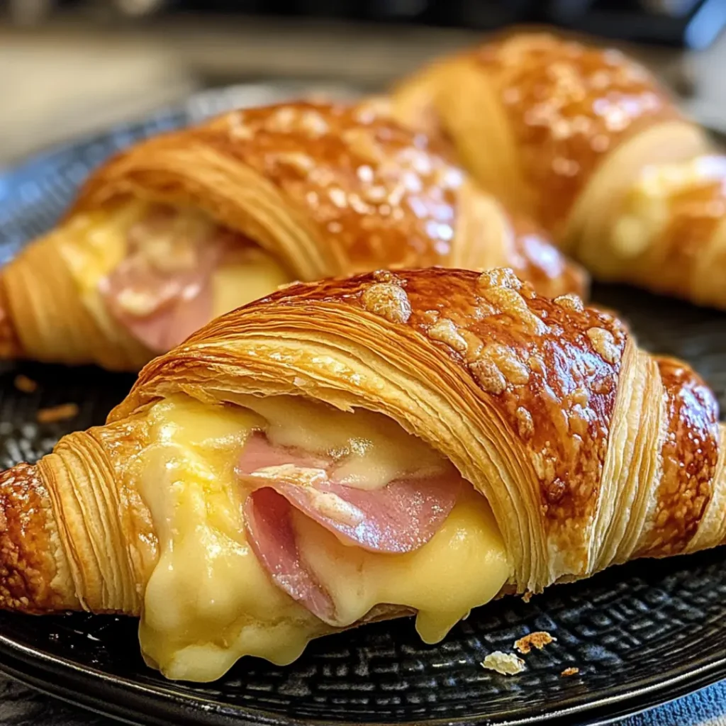 Flaky croissants filled with ham and melted cheese, perfectly baked to golden perfection.
