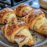 Warm Baked Ham and Cheese Croissants stacked on a tray, ready to serve.