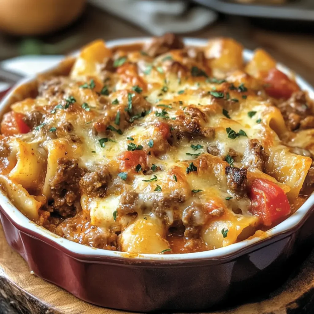 Classic Beef Lombardi Casserole topped with melted cheese and herbs