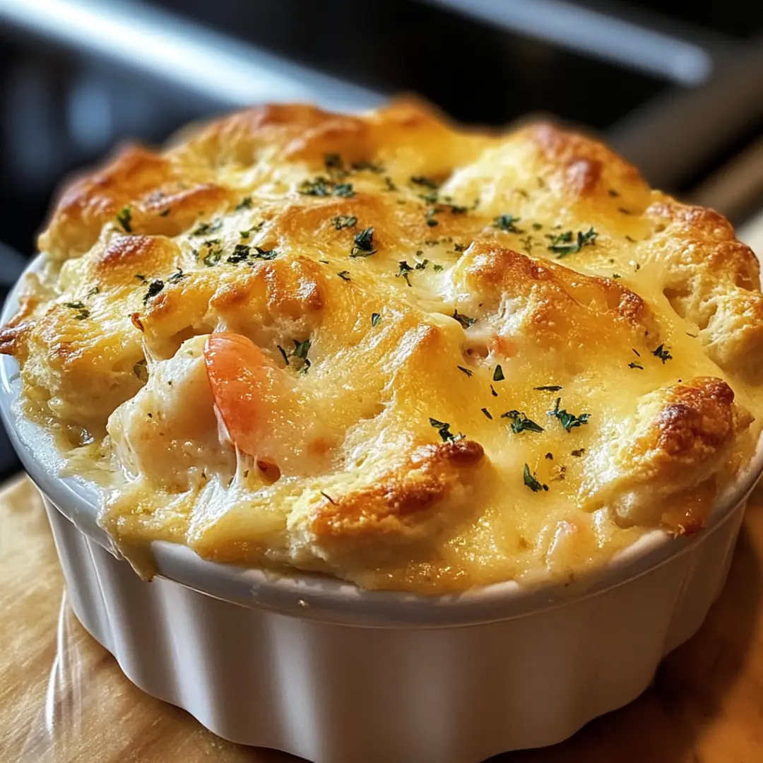 Cheddar Bay Biscuit Seafood Pot Pie1 Individual Cheddar Bay Biscuit Seafood Pot Pie baked in a cast iron skillet.