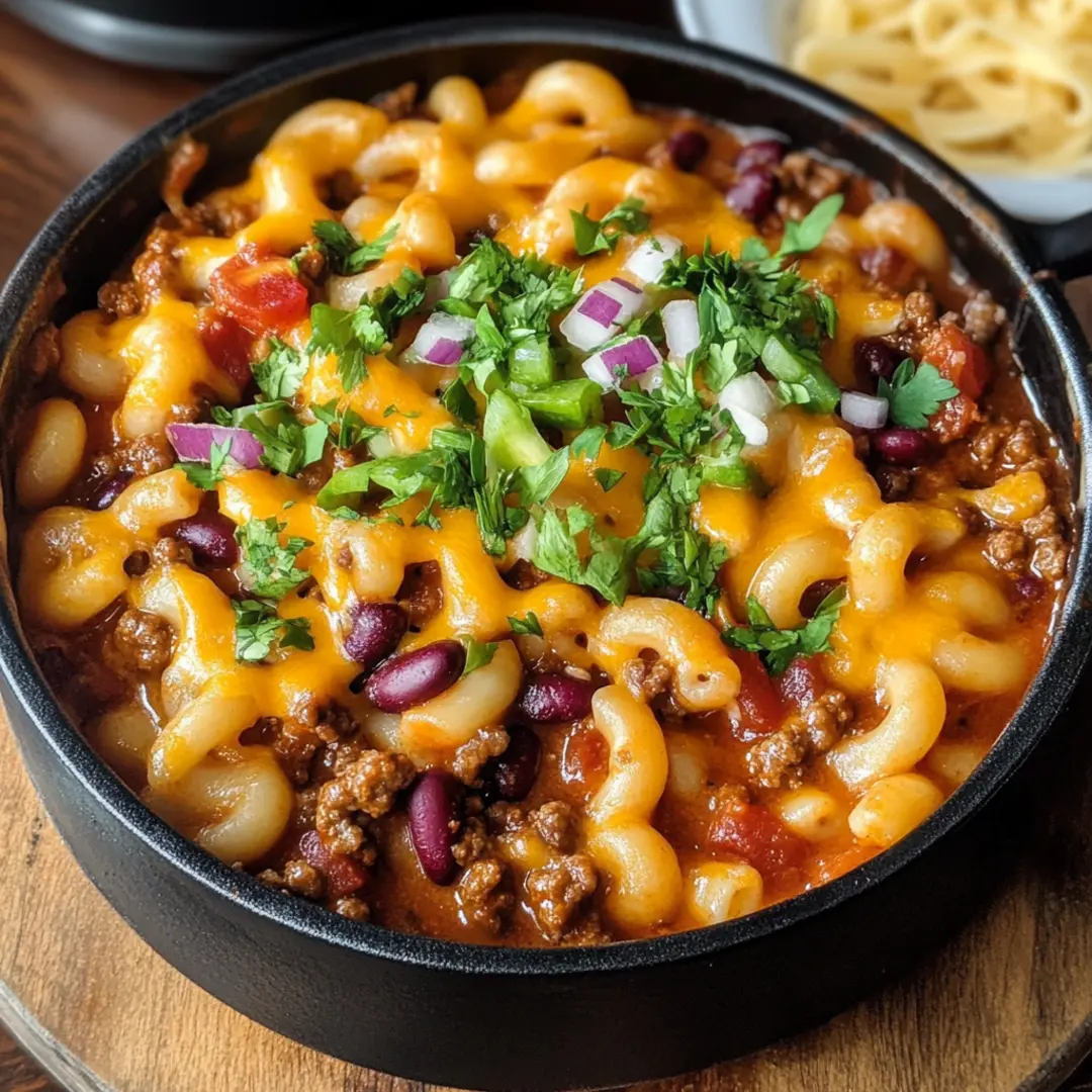 Chili Mac2 One-pot Chili Mac with beef, macaroni, and gooey cheddar cheese