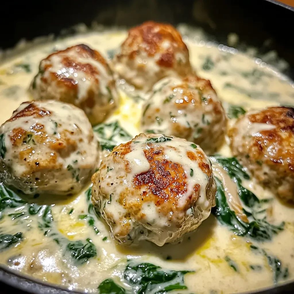Creamy coconut chicken meatballs served with a side of jasmine rice.