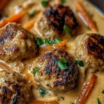 Golden-brown chicken meatballs simmered in coconut sauce and topped with chili flakes.