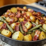 Hearty Country Ranch Green Beans and Potatoes with Bacon served fresh and steaming.