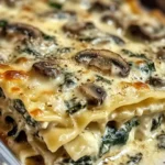 Layers of Creamy Spinach Mushroom Lasagna with rich béchamel and melted cheese