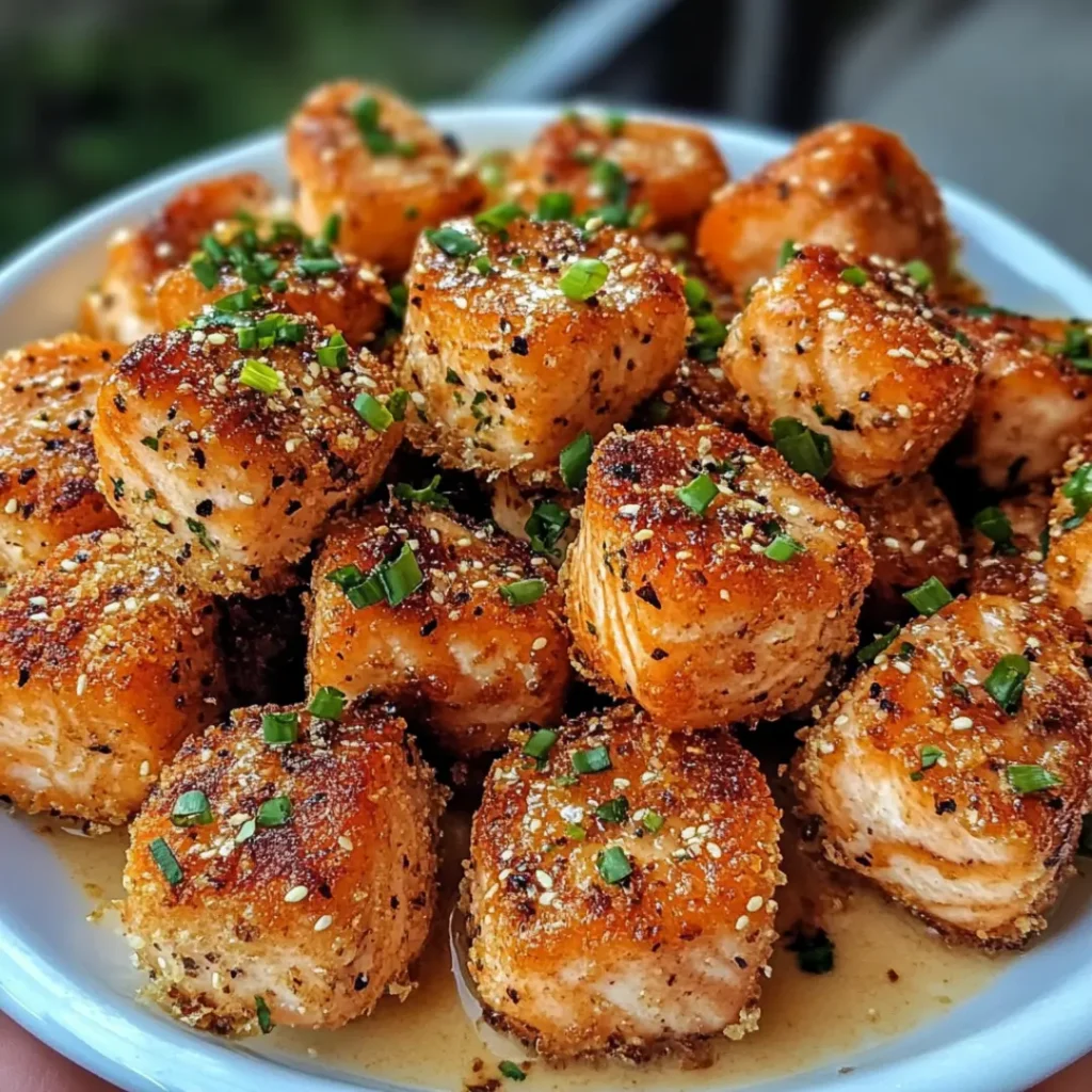 Golden and crispy Bang Bang Salmon Bites on a plate with a drizzle of spicy-sweet sauce.