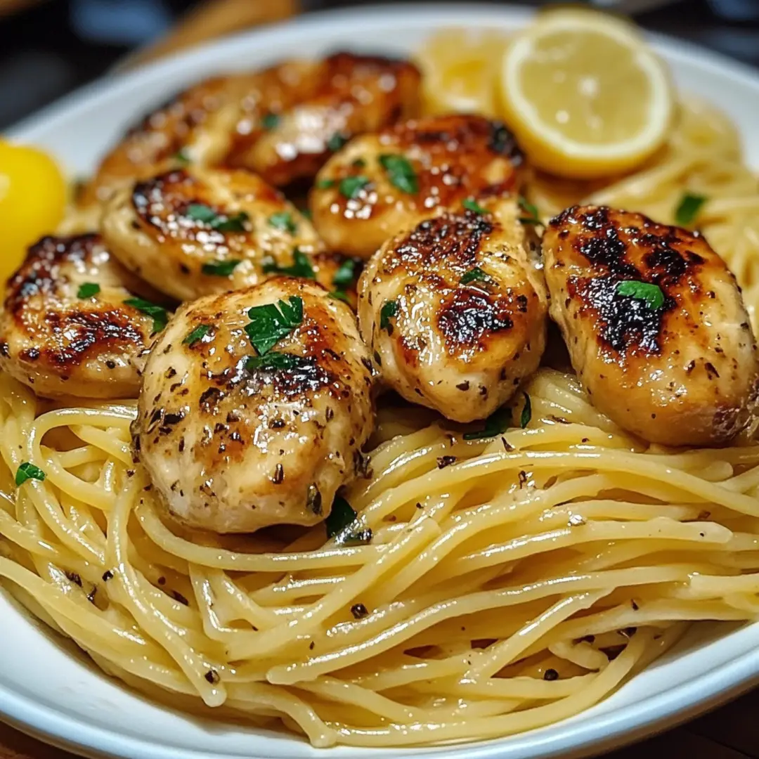 Garlic Butter Chicken with Lemon Parmesan Pasta garnished with fresh parsley