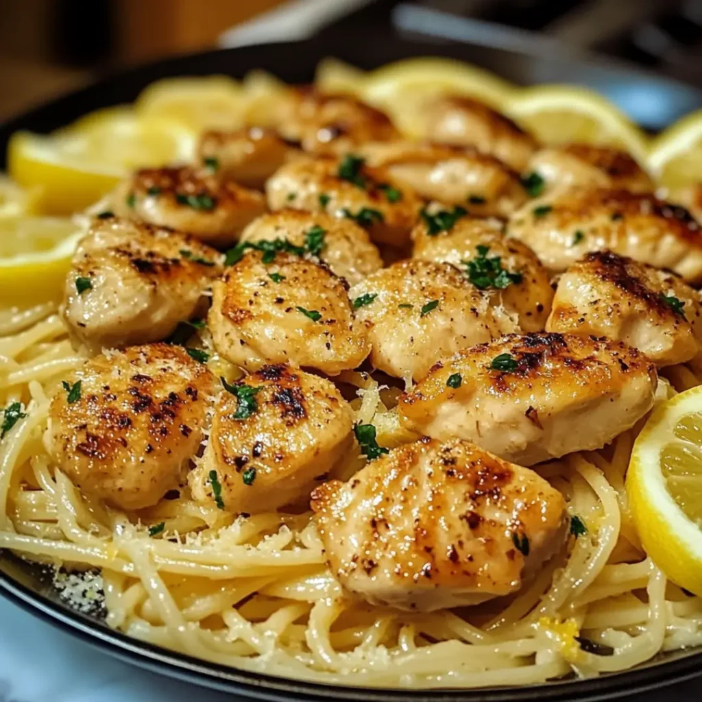 Juicy chicken over creamy lemon parmesan pasta in a white ceramic bowl