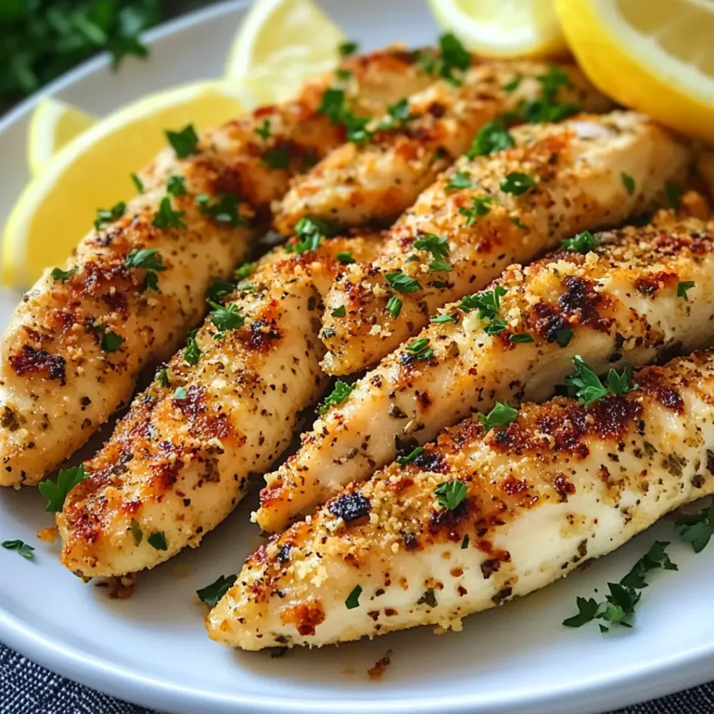 Golden-brown Greek Chicken Tenders ready to dip in creamy tzatziki sauce.