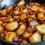 Close-up of caramelized Honey Bacon Roasted Potatoes fresh out of the oven.