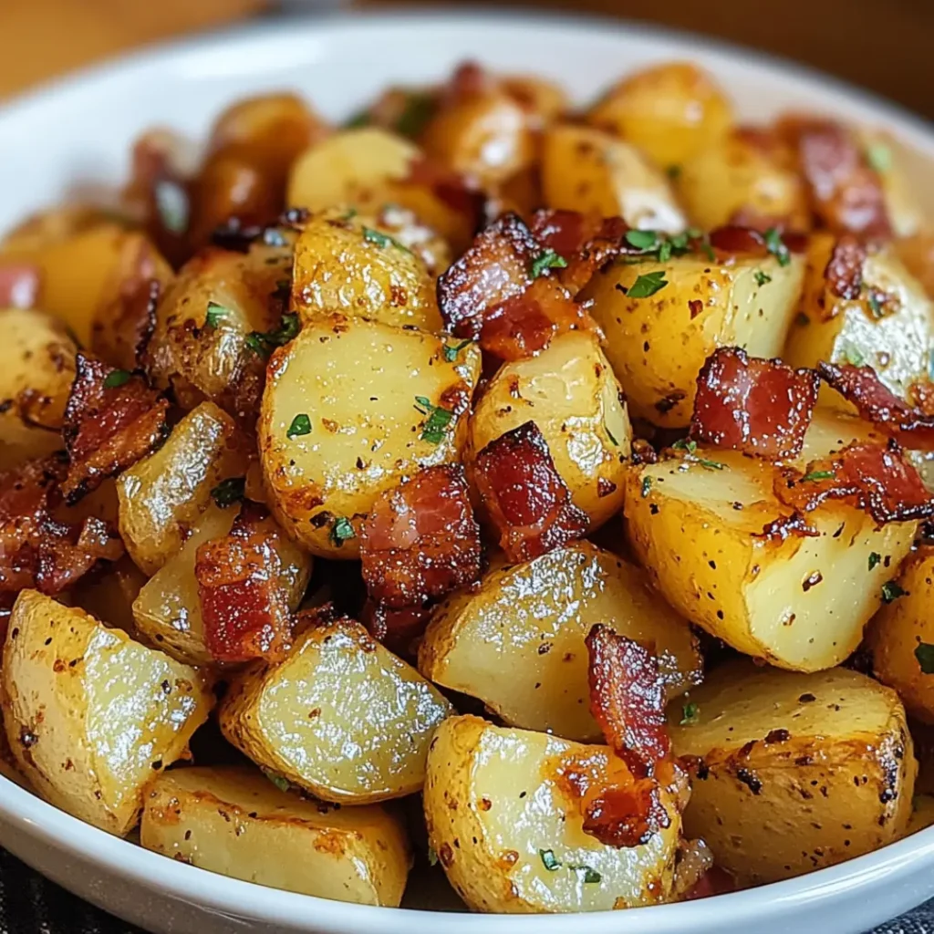 Crispy Honey Bacon Roasted Potatoes glazed in honey and topped with savory bacon bits.