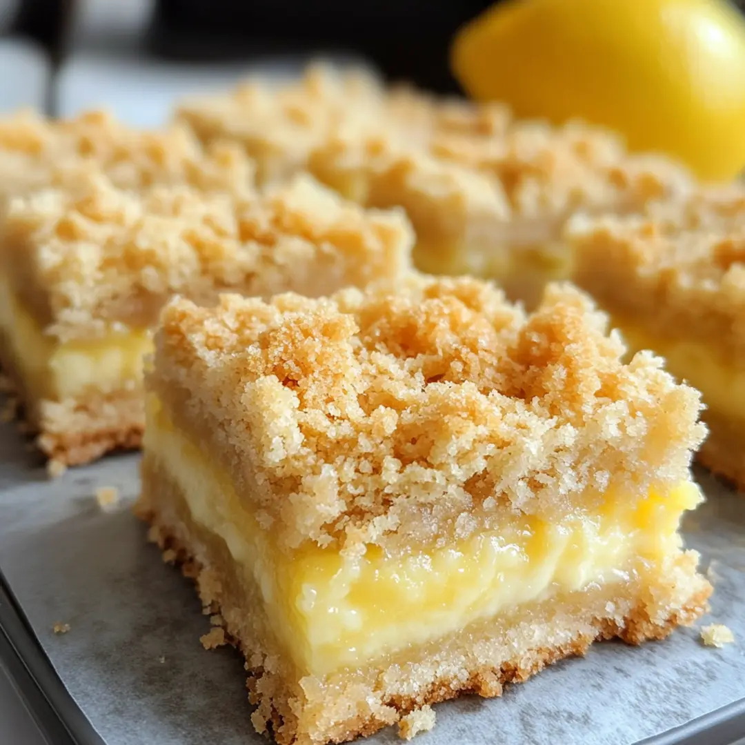 Lemon Crumb Bars1 Close-up of Lemon Crumb Bars stacked on a plate with buttery layers