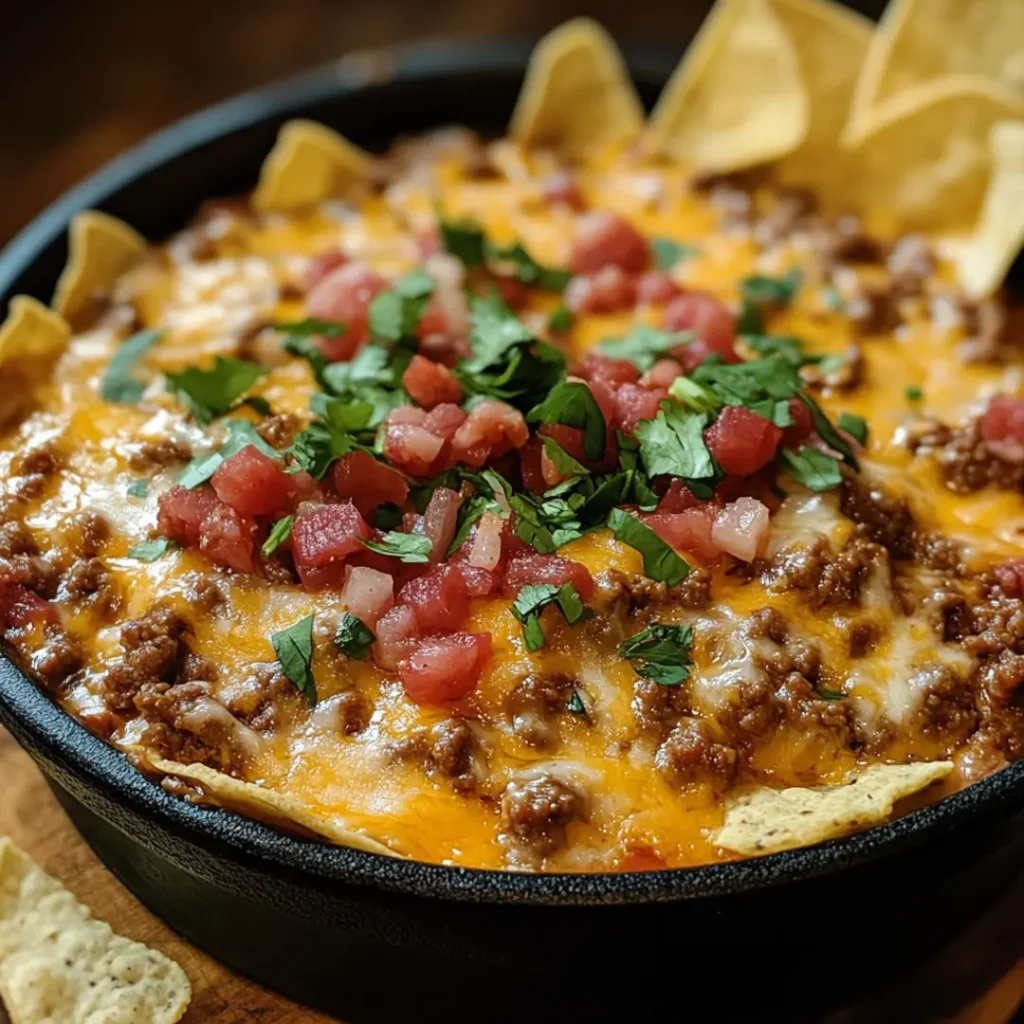 Freshly baked Meaty Texas Trash Dip served with tortilla chips on the side.