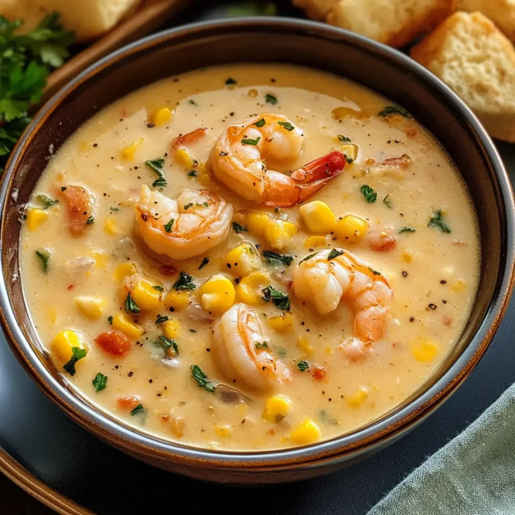 Steaming New Orleans Shrimp and Corn Bisque with tender shrimp and sweet corn