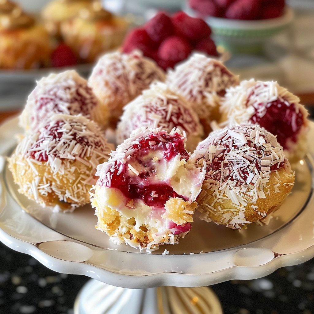 Close-up of golden Raspberry Cream Cheese Bites with a creamy center.