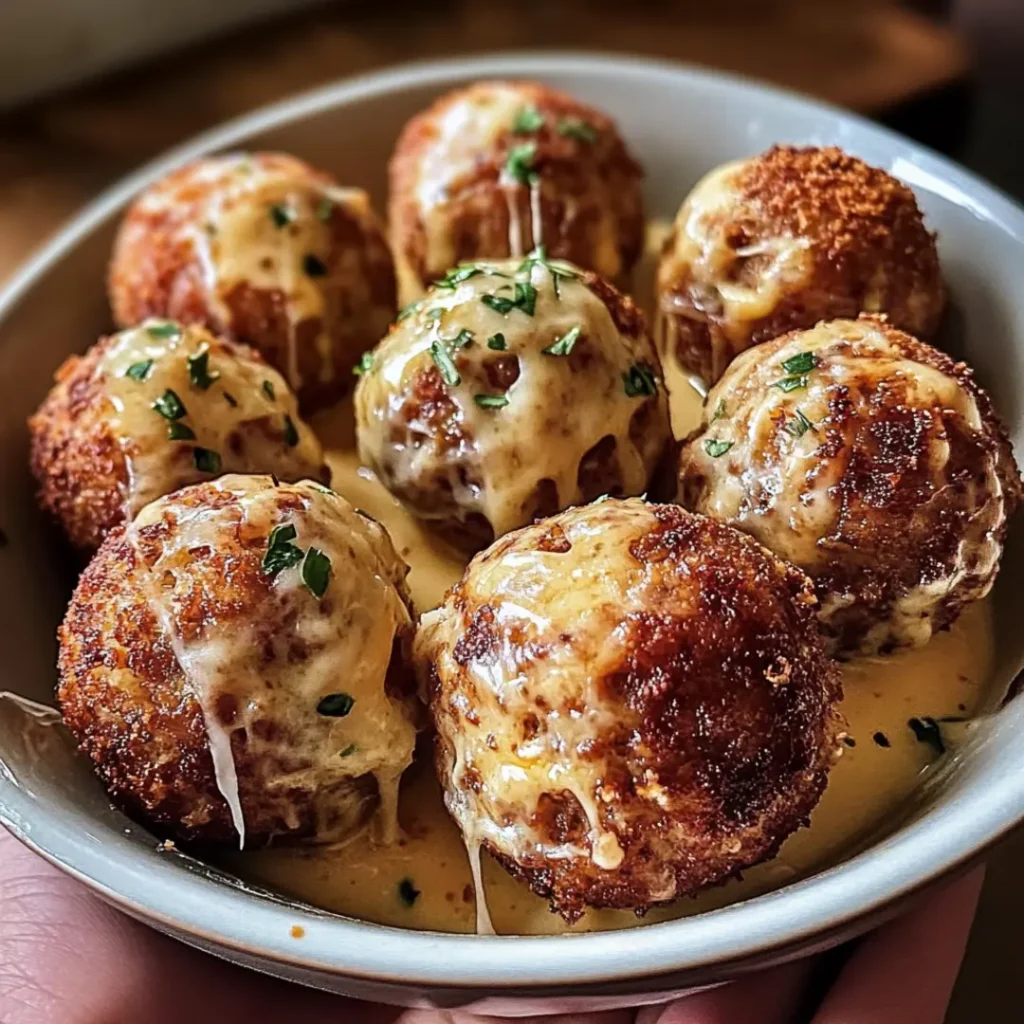 Hot, bite-sized Reuben Balls served with a side of Thousand Island dipping sauce.