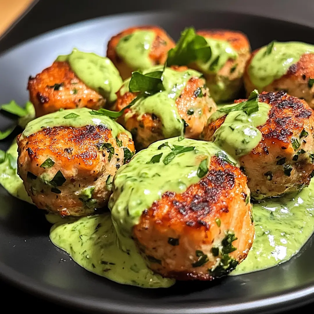 Salmon Balls with Creamy Avocado Sauce1 Baked salmon balls with herbs and breadcrumbs, ready to serve.