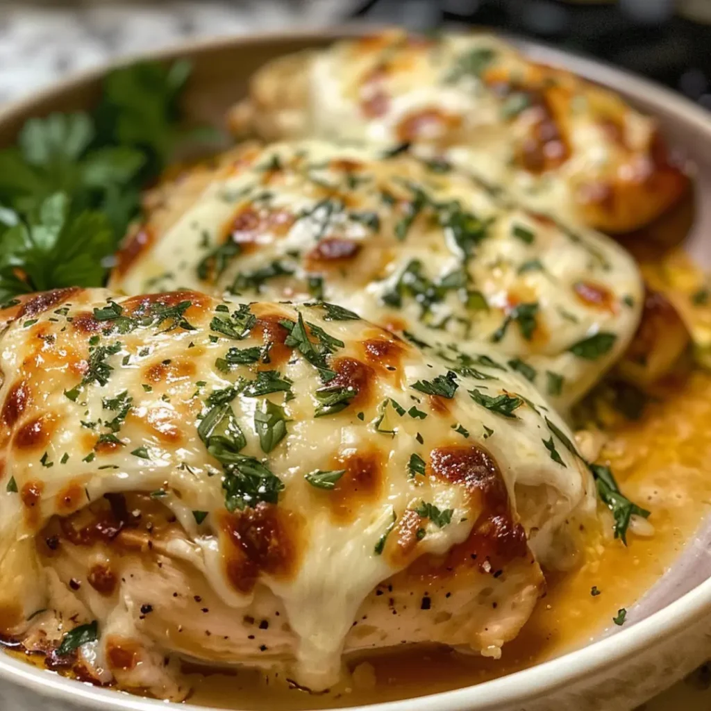 Close-up of slow cooker cheesy mozzarella chicken, with melted cheese and savory sauce.