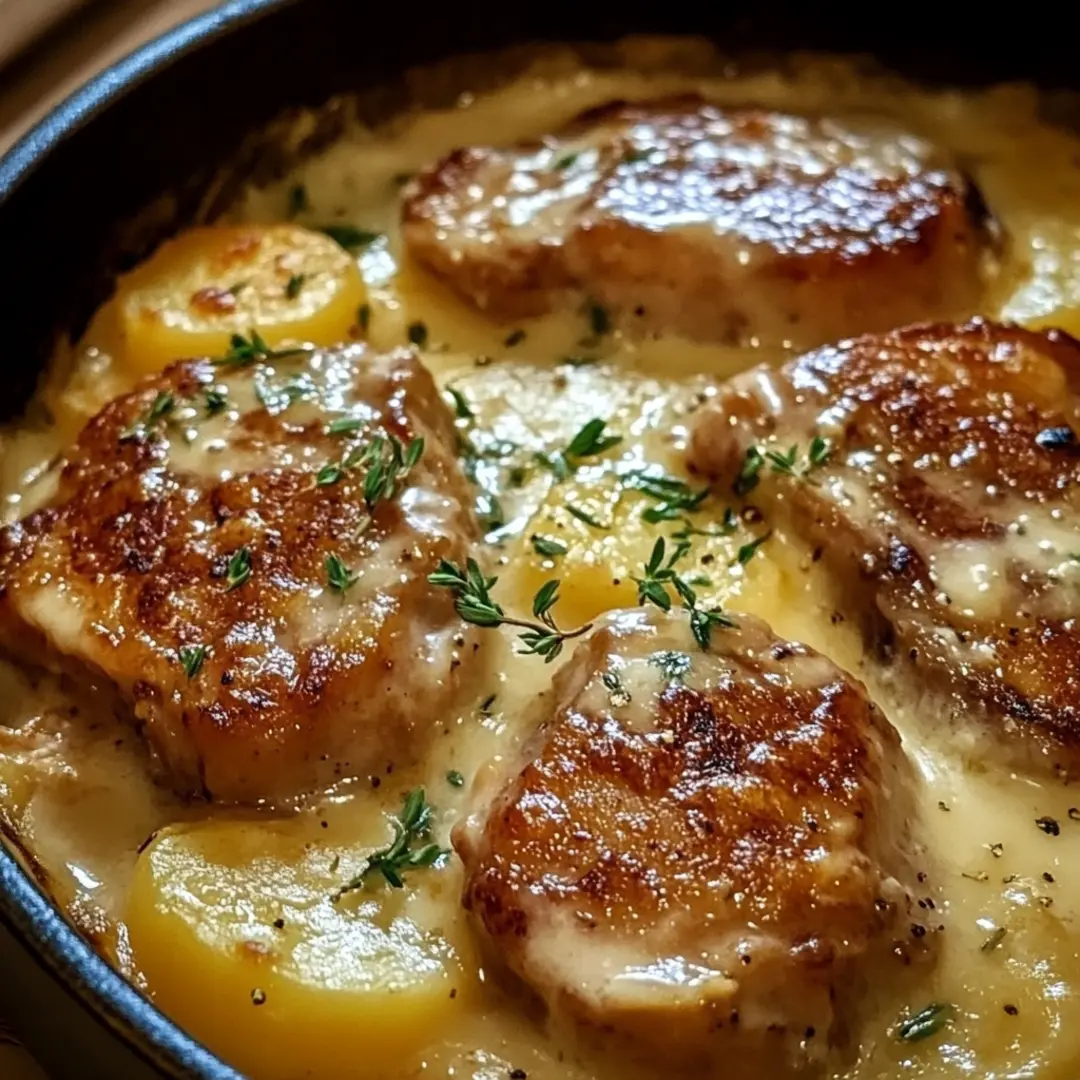 Smothered Pork Chop and Scalloped Potato Casserole2 Juicy Smothered Pork Chop and Scalloped Potato paired with cheesy scalloped potatoes, ready to enjoy