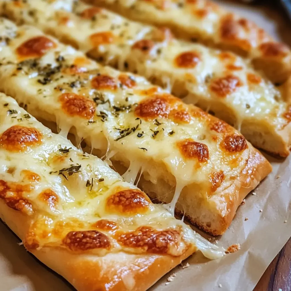 Crispy sourdough breadsticks topped with melted cheese and herbs.