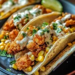 Crispy fried chicken tacos with street corn salsa in warm tortillas.