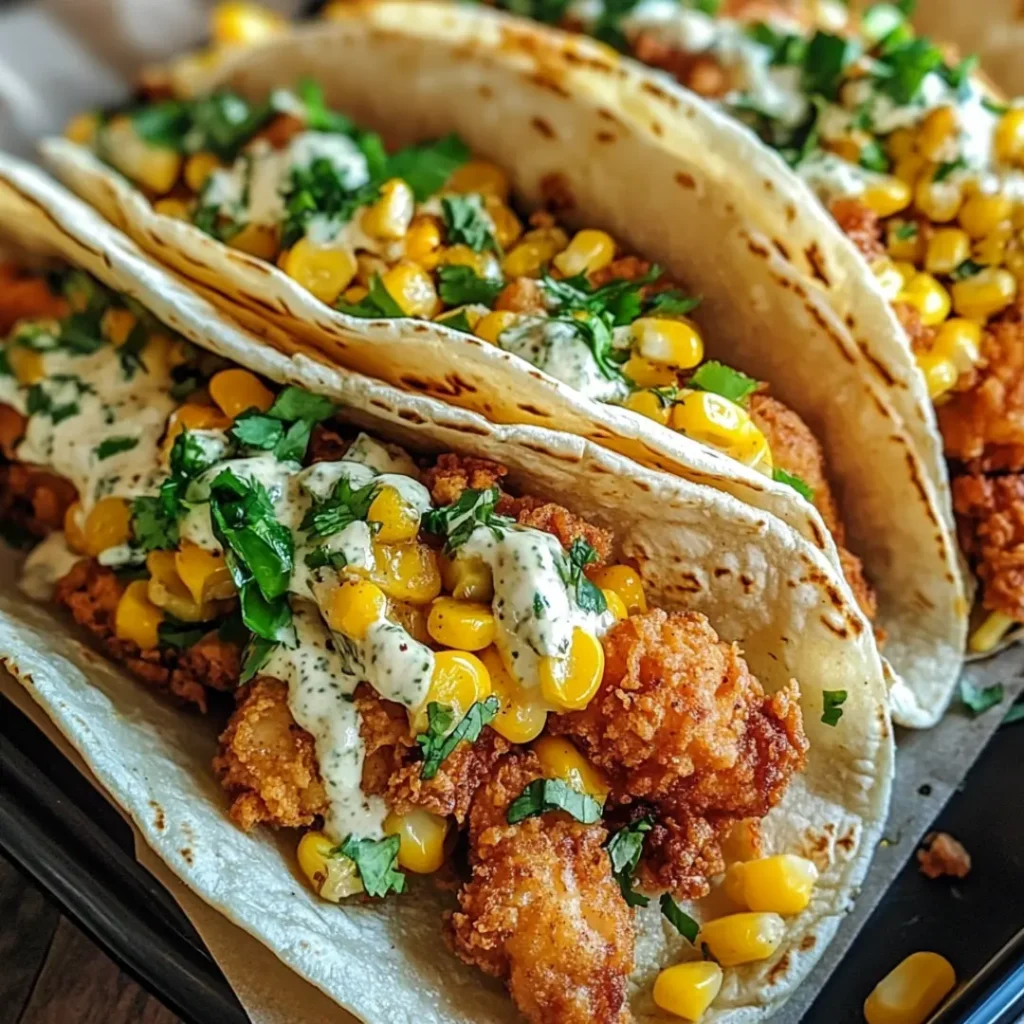 Street-style tacos filled with fried chicken, Mexican corn, and cotija cheese.