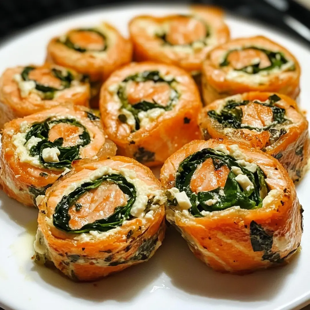 Spinach & Feta Stuffed Salmon Pinwheels1 Close-up of stuffed salmon pinwheels rolled with herbed cheese and greens.