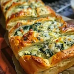 Freshly baked Spinach and Artichoke Stuffed Bread sliced on a wooden board.
