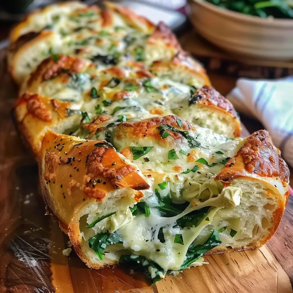 Close-up of crispy Spinach and Artichoke Stuffed Bread served hot.