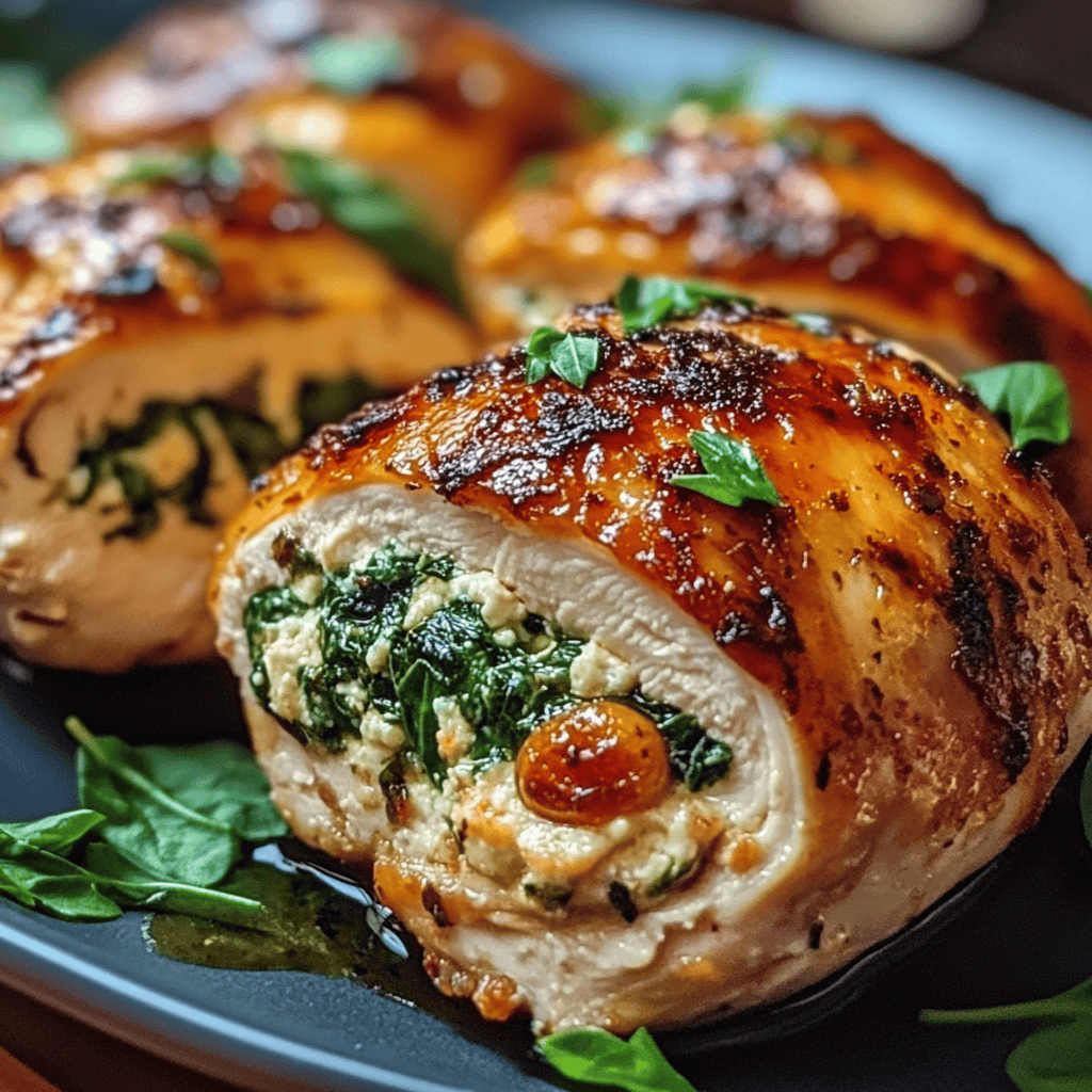 Close-up of Spinach and Ricotta Stuffed Chicken, perfectly cooked and garnished.