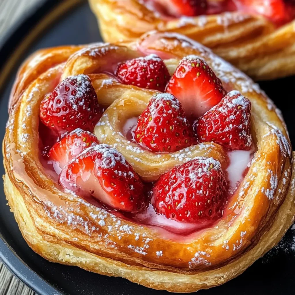 Homemade strawberry danish on a plate, filled with cream cheese and berries.