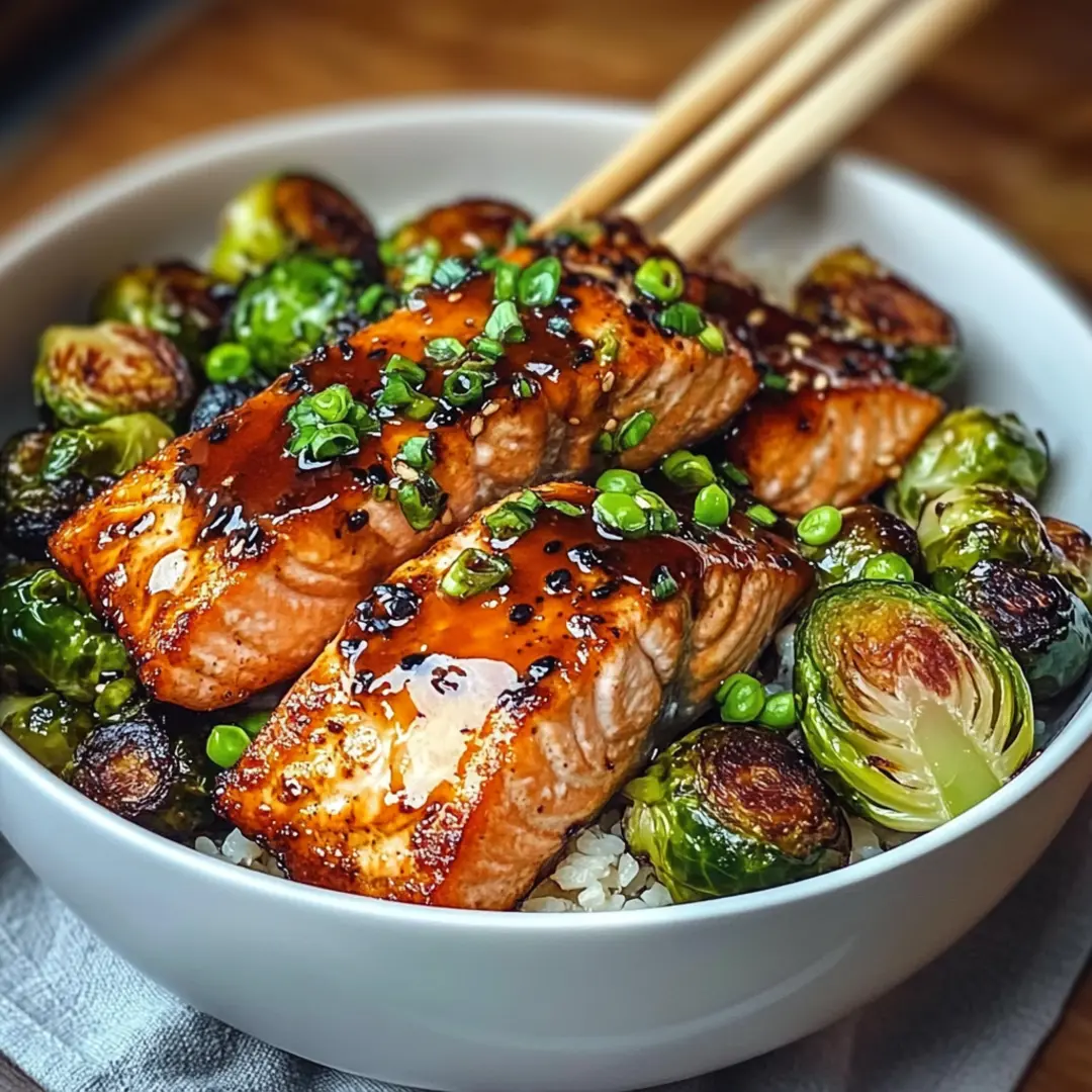 Teriyaki salmon bowls with crispy Brussels sprouts and a drizzle of sauce.