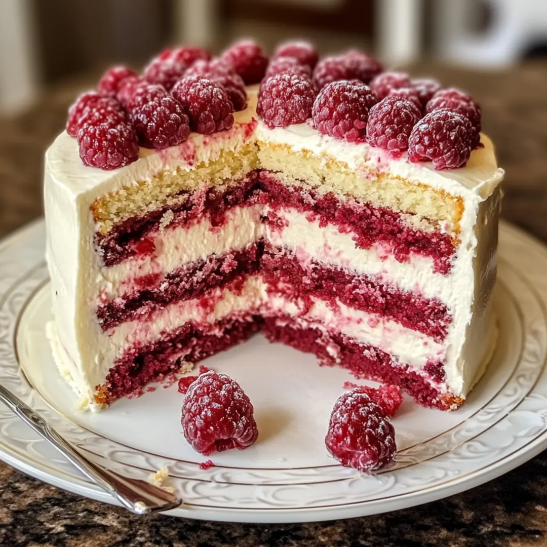 White Chocolate Raspberry Dream Cake1 Sliced White Chocolate Raspberry Dream Cake showing creamy layers and berries
