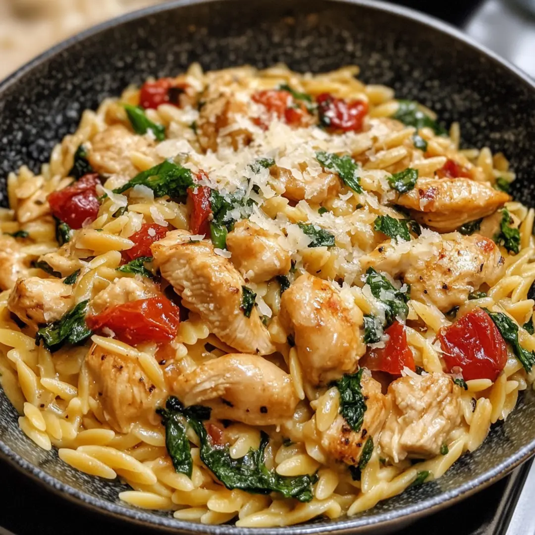 marry me chicken orzo2 Skillet of Marry Me Chicken Orzo with golden seared chicken and creamy orzo pasta.