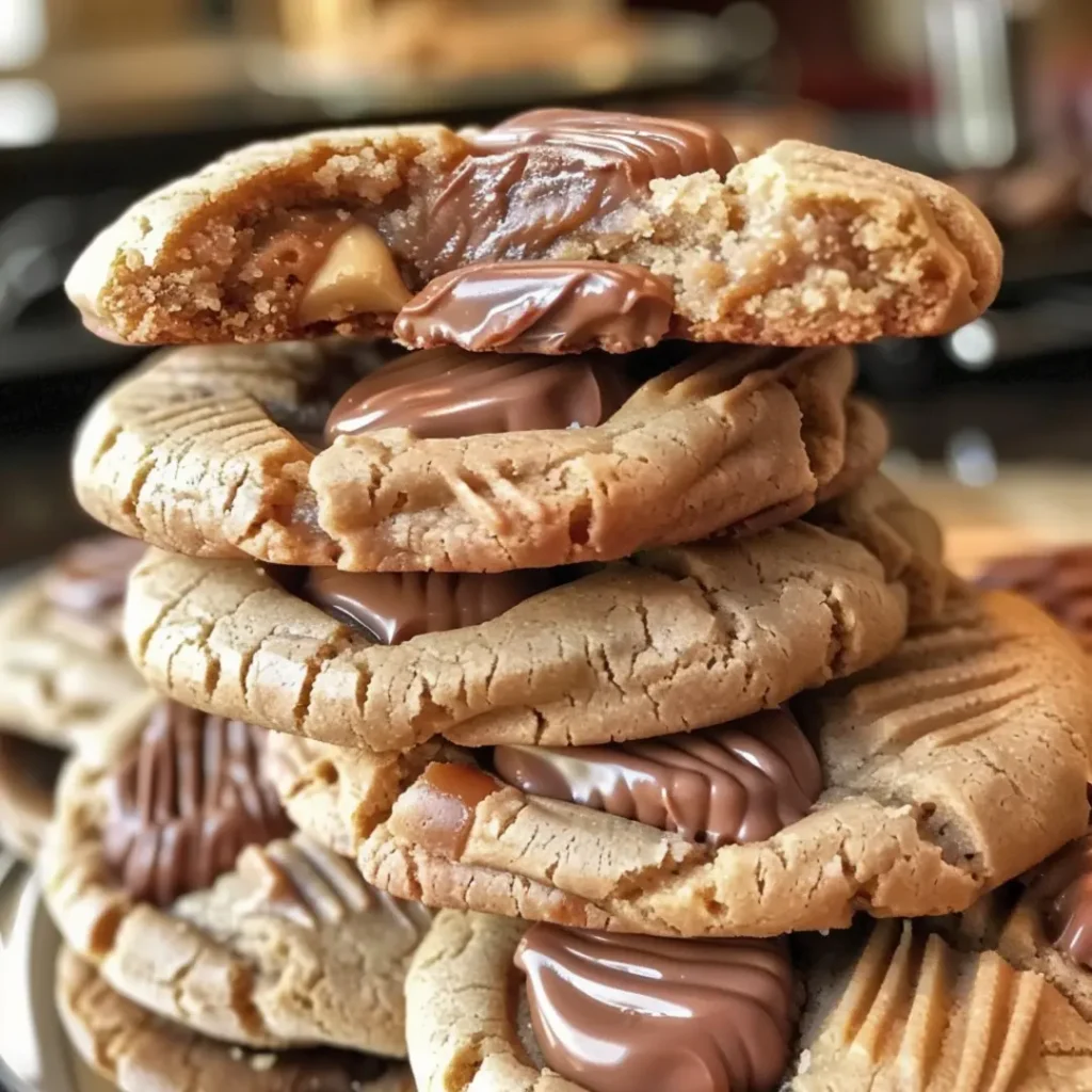 Plate of peanut butter cup cookies stacked together with chocolate drizzle on top.